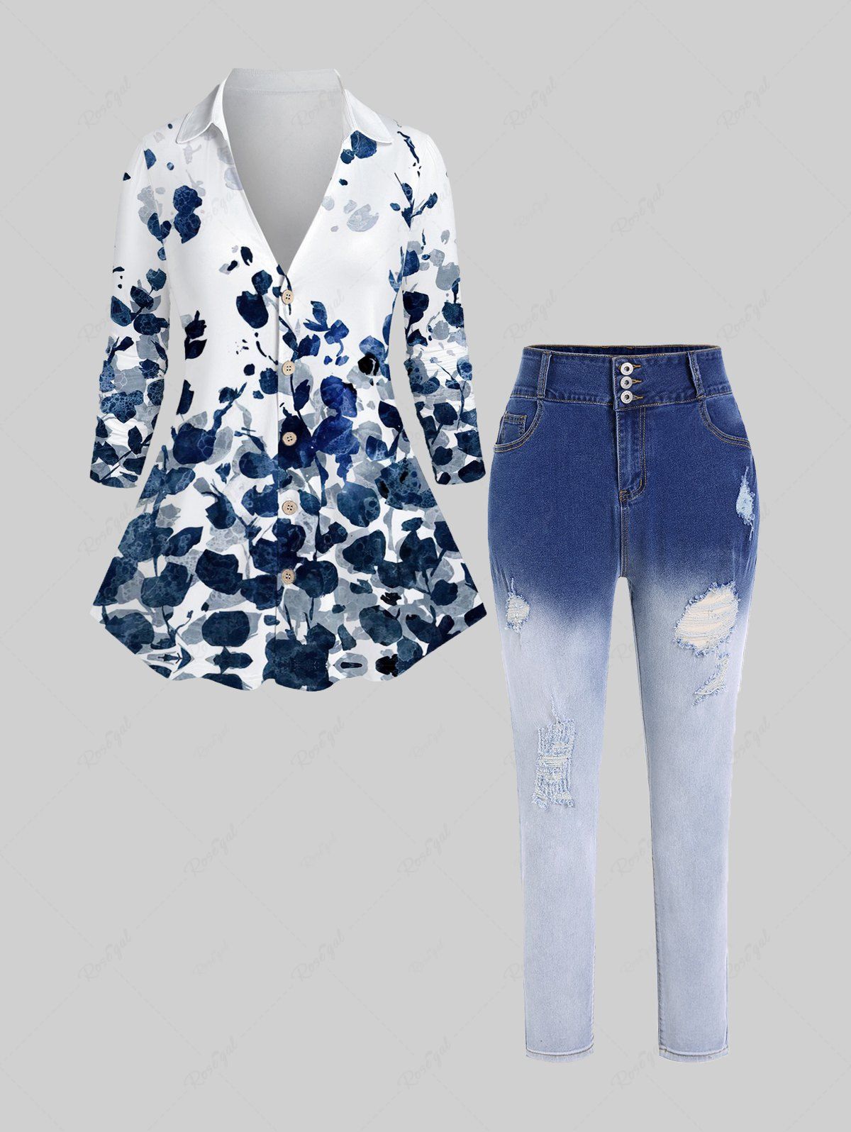 Chic Plus Size Ink Printing Long Sleeves Shirt and Dip Dye Ripped Pencil Jeans Outfit  