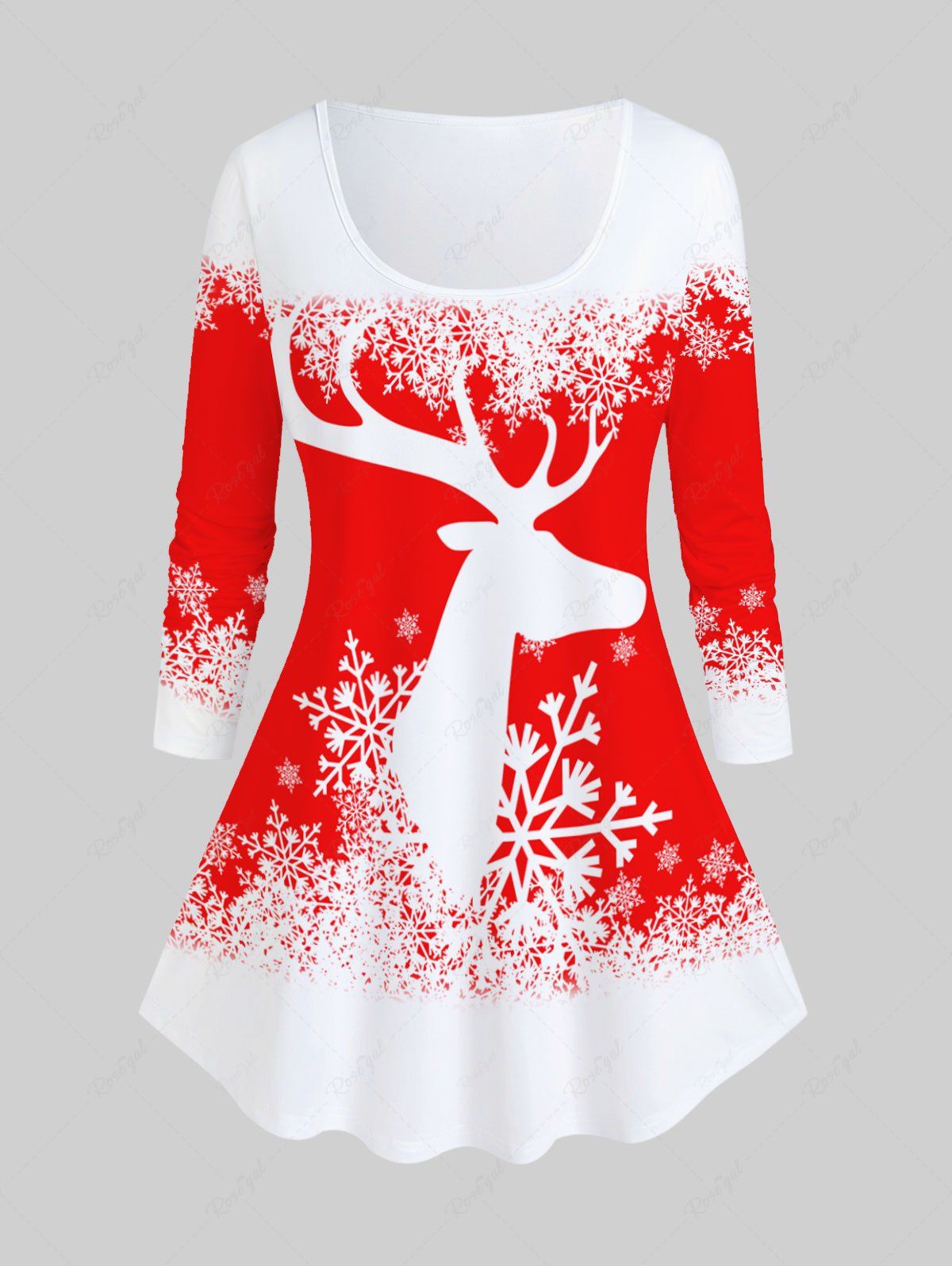 T-shirt Graphique Cerf de Noël et Flocon de Neige de Grande Taille Rouge 
