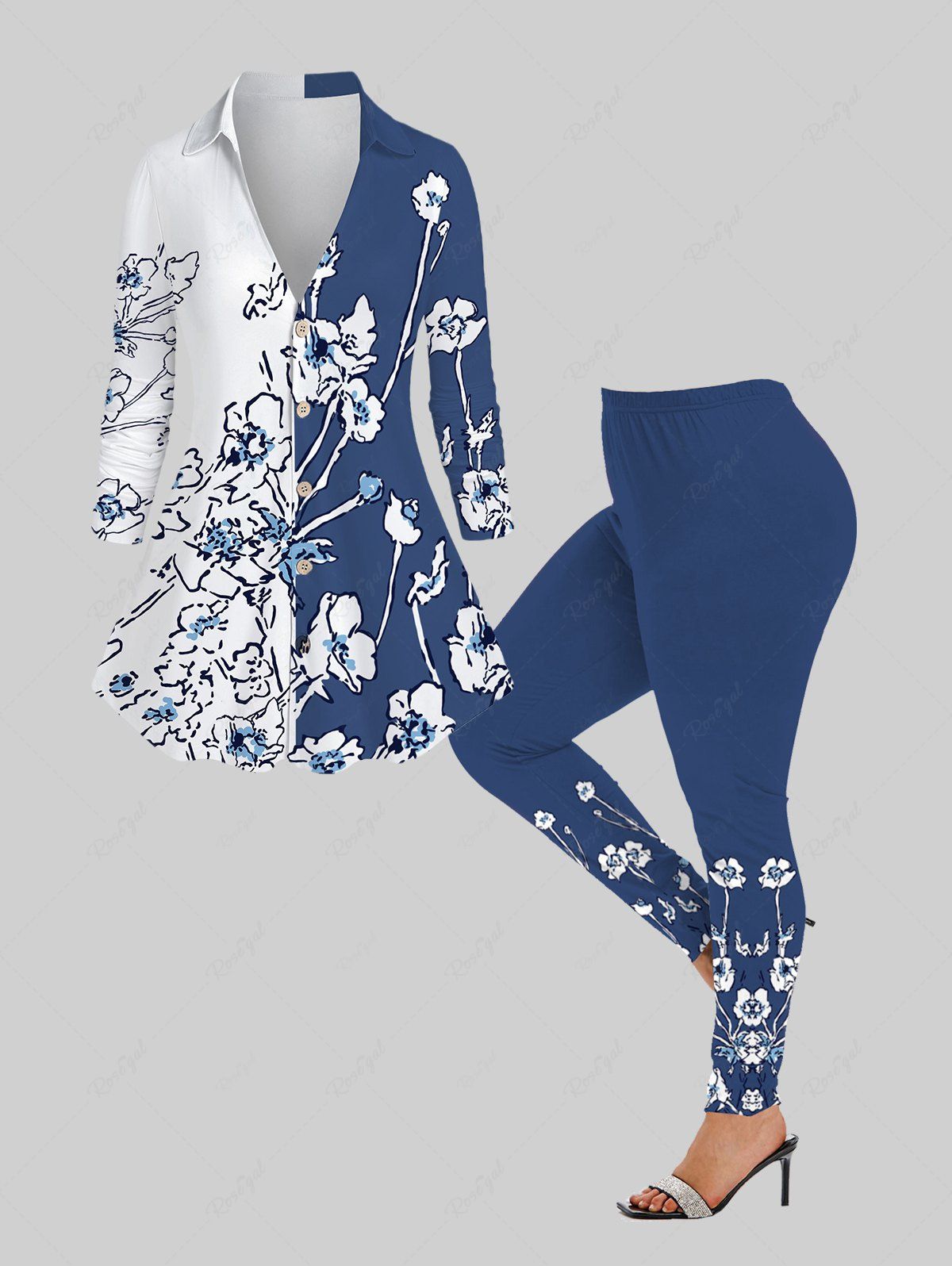 Best Floral Print Colorblock Shirt and Skinny Leggings Plus Size Co Ord Outfit  
