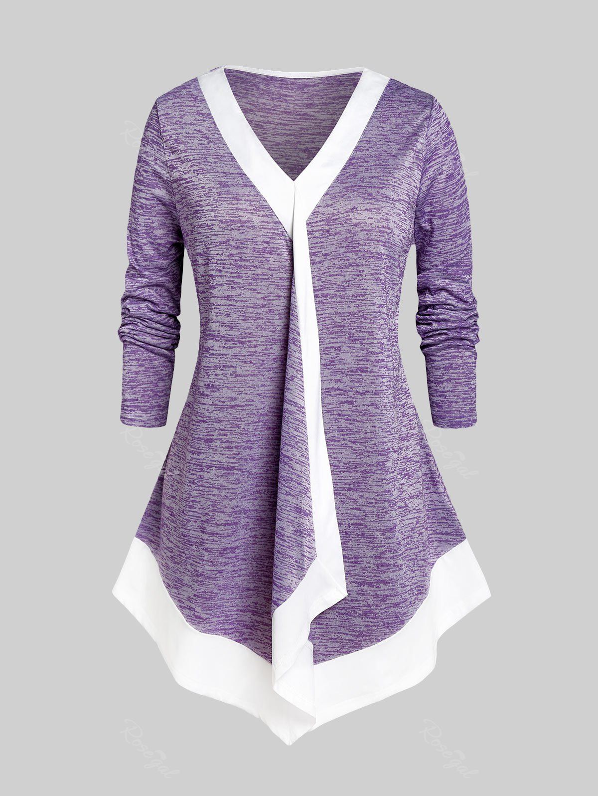 T-shirt Irrégulier Teinté à Ourlet Contrasté de Grande Taille Violet clair 2X