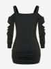 Plus Size Ladder Cutout Ruched Cold Shoulder Tee -  
