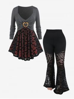 Heart Ring Crossover Bat Mesh Panel Tee and Gothic Bats Pattern Lace Panel Chains Flare Pants Outfit - BLACK