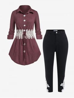 Contrast Lace Button Up Drawstring Shirt and High Waisted Jeans Plus Size Outfit - DEEP RED