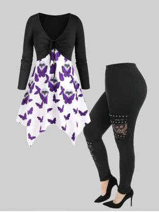 Cinched Front Skull Butterfly Handkerchief Top and Skull Lace Panel Studded Pants Gothic Outfit