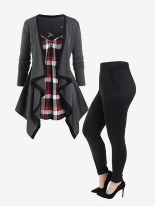 Plaid Asymmetric Draped 2 in 1 Tee and Double Pockets Skinny Pants Plus Size Outfit