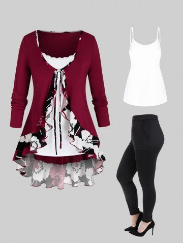 Flower Flounce Tunic Tie Blouse and Slim Camisole Set and Pockets Pants Plus Size Outfit - DEEP RED