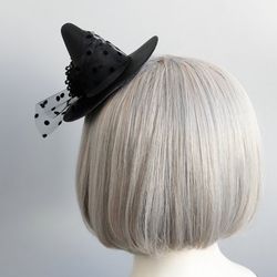 Witch Hat Sheer Mesh Masquerade Party Magic Hairpin Hat - BLACK