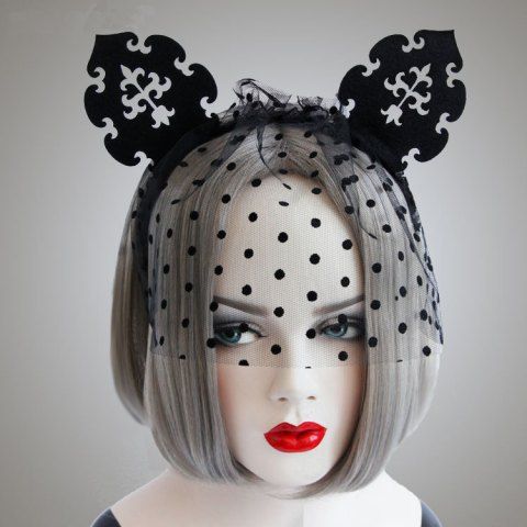 Cat Ear Polka Dot Veil Masquerade Cosplay Party Headband - BLACK