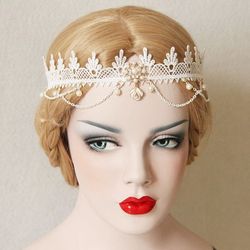 Chains Lace Crown Wedding Hair Accessory - WHITE