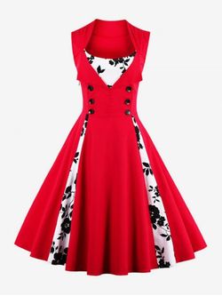 Plus Size Vintage Floral Print 1950s Pin Up Dress - RED - XL