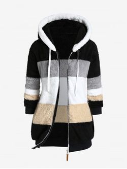 Plus Size Colorblock Hooded Fluffy Coat - BLACK - XL