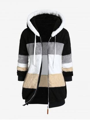 Plus Size Colorblock Hooded Fluffy Coat