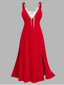 Plus Size Contrast Lace Up Velvet Split Prom Party Dress - RED - 5X | US 30-32
