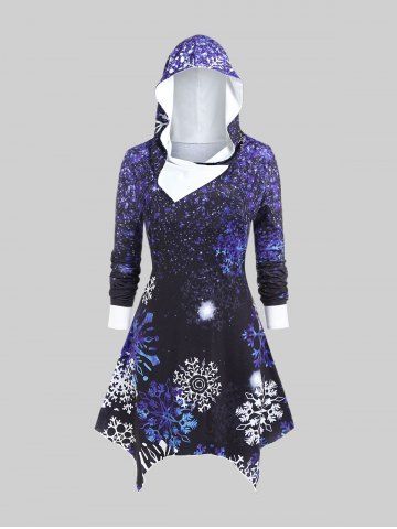 Plus Size Hooded Snowflake Print Asymmetrical Hem Dress - BLUE - 5X | US 30-32