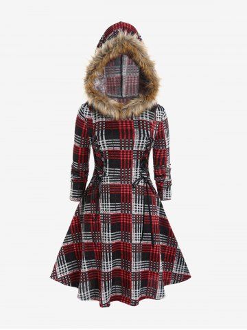 Plus Size Faux-fur Hooded Plaid Lace Up Fleece Lining Knit Dress