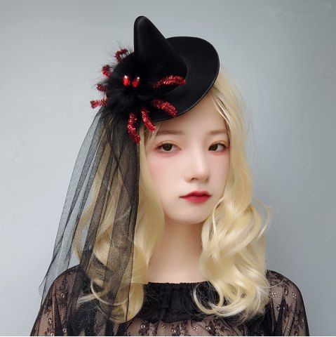 Gothic Sheer Mesh Spider Wizard Top Masquerade Party Hairpin Hat - BLACK