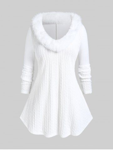 Plus Size Faux Fur Panel Cable Knit Top - White - M | Us 10