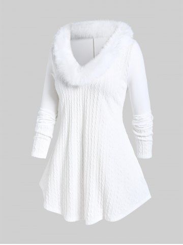 Plus Size Faux Fur Panel Cable Knit Top