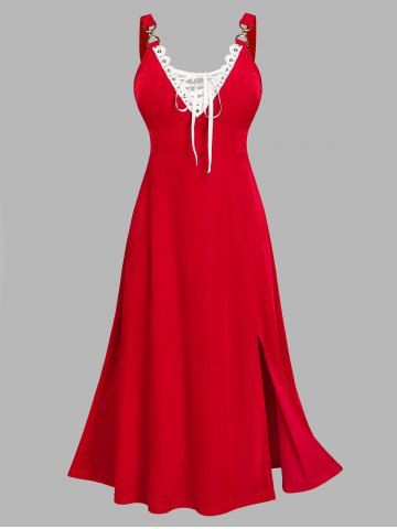 Plus Size Contrast Lace Up Velvet Split Prom Party Dress - RED - 4X | US 26-28