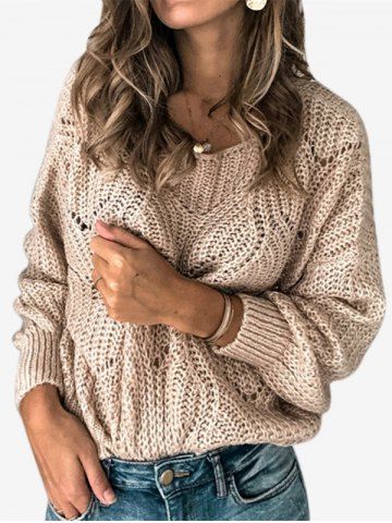 Plus Size Pointelle Knit Sweater - LIGHT COFFEE - M