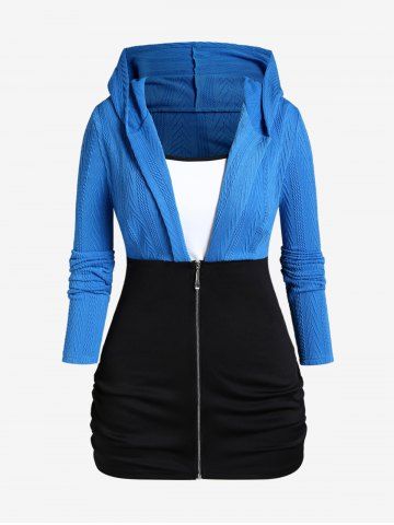 Plus Size Half Zipper Cable Knit Colorblock Hooded Top with Tank Top - BLUE - L | US 12