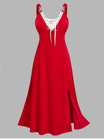 Robe de Soirée Fendue Contrastée en Velours à Lacets Grande Taille