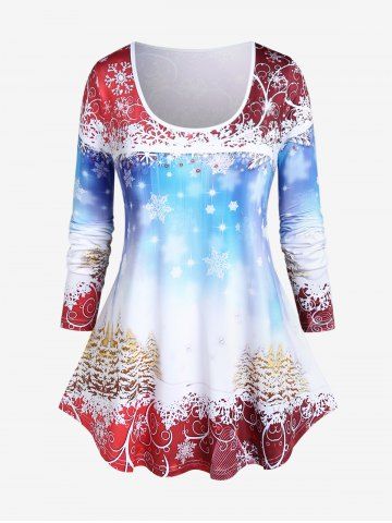 Plus Size 3D Sparkles Snowflake Tree Printed Long Sleeves Christmas Tee - DEEP RED - 5X | US 30-32