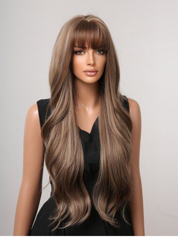 See-through Bangs Brown Gradient Light Brown Long Wavy Synthetic Wig - MULTI-A - 28INCH