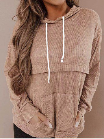 Textured Kangaroo Pocket Drawstring Drop Shoulder Hoodie - LIGHT COFFEE - M