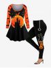 Halloween Bat Castle Graphic Long Sleeve T-shirt and Pumpkin Cat Spiders Leggings Outfit -  