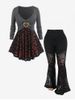 Heart Ring Crossover Bat Mesh Panel Tee and Gothic Bats Pattern Lace Panel Chains Flare Pants Outfit -  