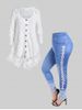 Lace Panel Cable Knit Solid Cardigan and 3D Denim Print Skinny Jeggings Plus Size Outfit -  