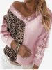 Plus Size Sequins Decor Half Leopard Pattern Sweater -  