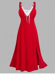 Robe de Soirée Fendue Contrastée en Velours à Lacets Grande Taille - Rouge 5x | US 30-32