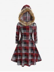 Plus Size Faux-fur Hooded Plaid Lace Up Fleece Lining Knit Dress - Rouge 2x | US 18-20