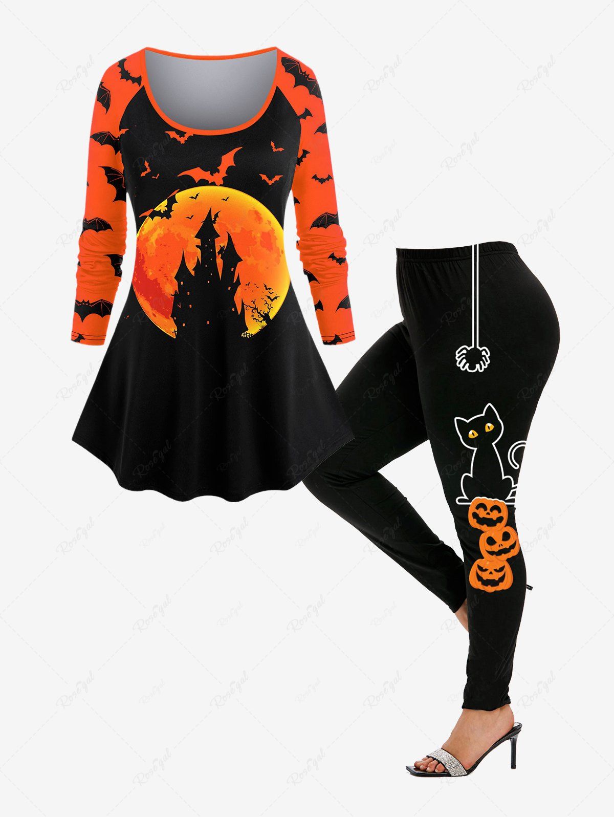Chic Halloween Bat Castle Graphic Long Sleeve T-shirt and Pumpkin Cat Spiders Leggings Outfit  