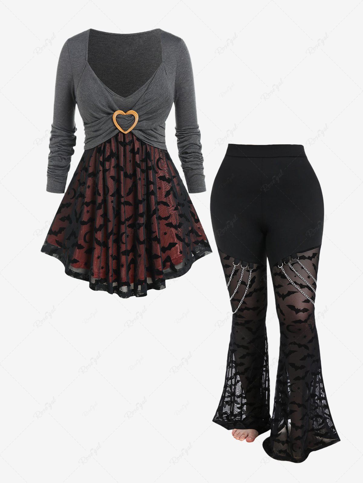 Discount Heart Ring Crossover Bat Mesh Panel Tee and Gothic Bats Pattern Lace Panel Chains Flare Pants Outfit  