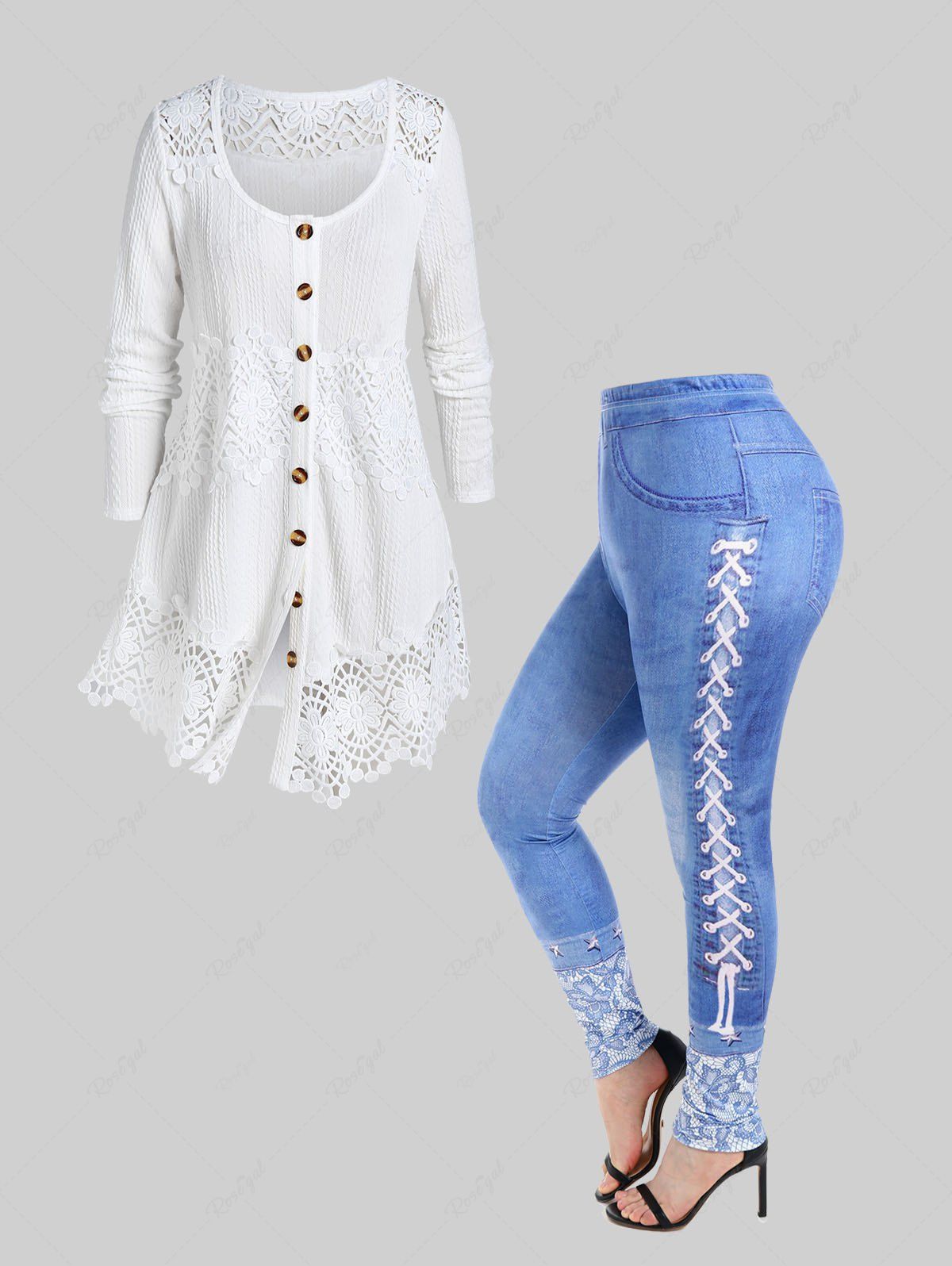 Chic Lace Panel Cable Knit Solid Cardigan and 3D Denim Print Skinny Jeggings Plus Size Outfit  