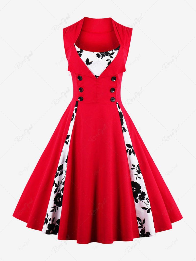 Robe Grande Taille Vintage 1950's à Imprimé Florale Rouge L