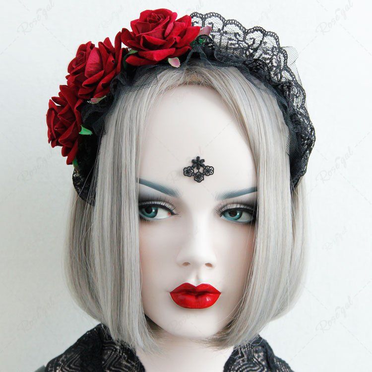 Accessoires Bandeau de Cheveux en Dentelle Motif Rose Style Gothique pour Fête Noir 