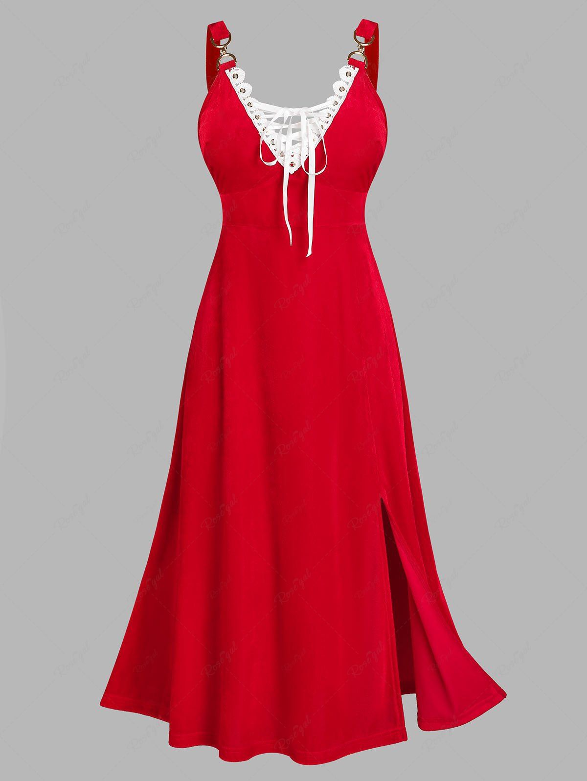 Robe de Soirée Fendue Contrastée en Velours à Lacets Grande Taille Rouge 5x | US 30-32