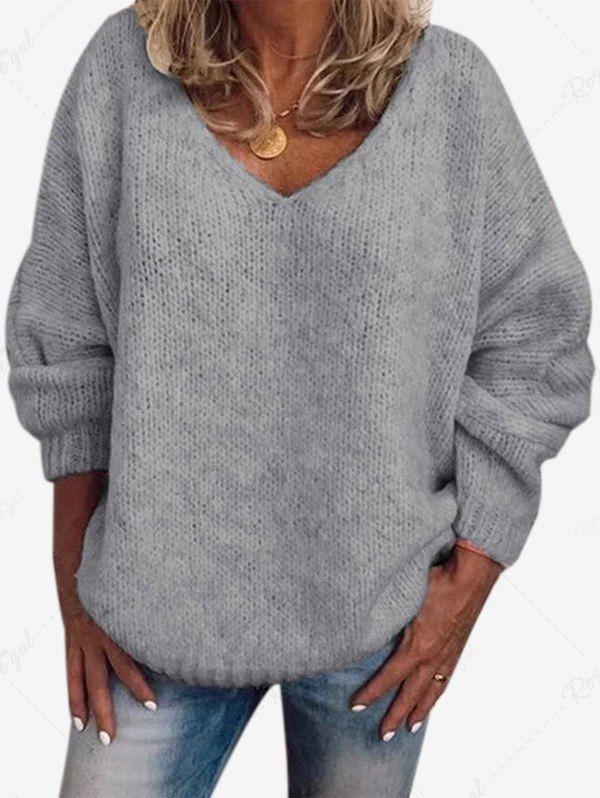 Store Plus Size V Neck Plain Sweater  