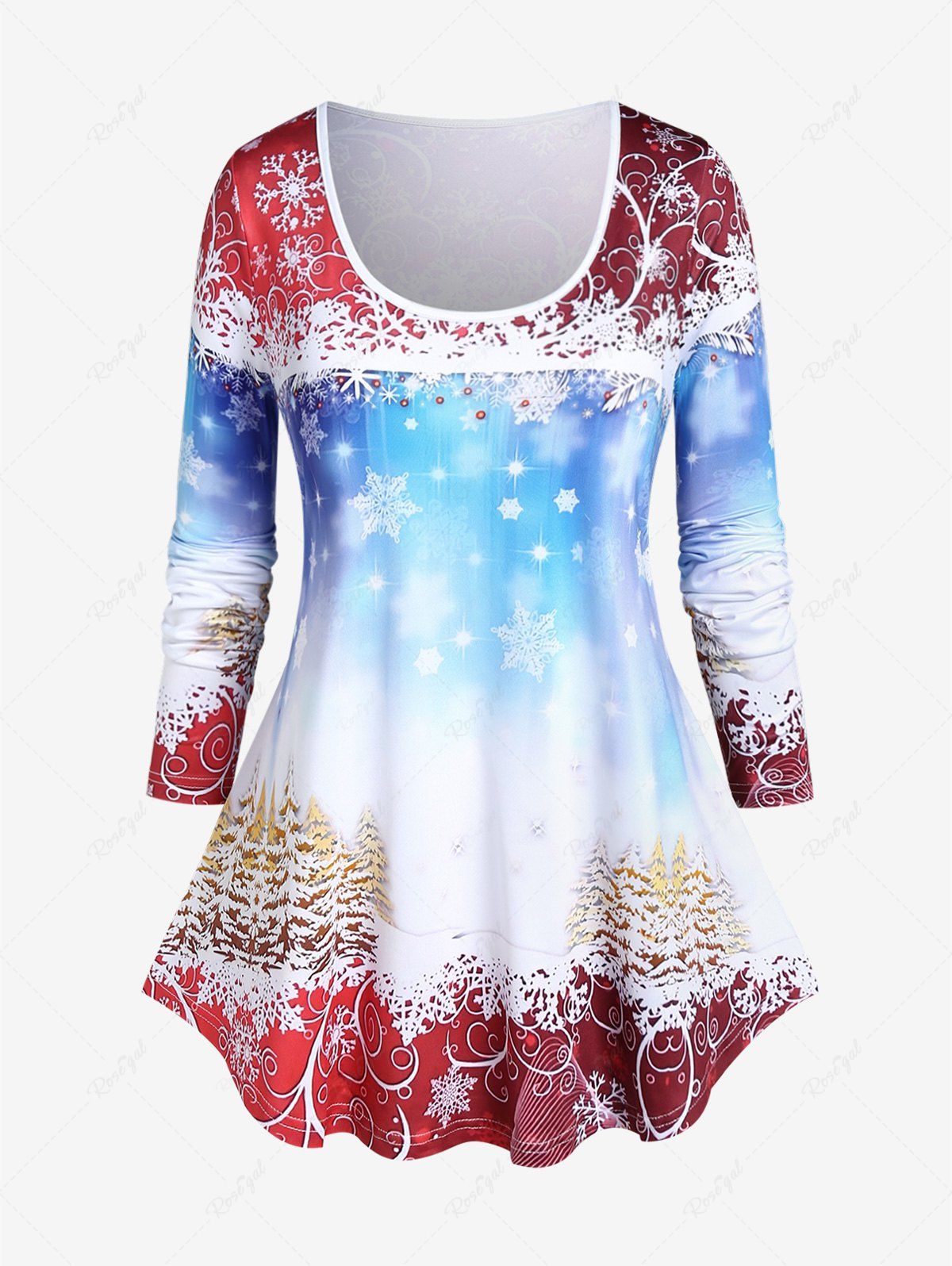Fashion Plus Size 3D Sparkles Snowflake Tree Printed Long Sleeves Christmas Tee  