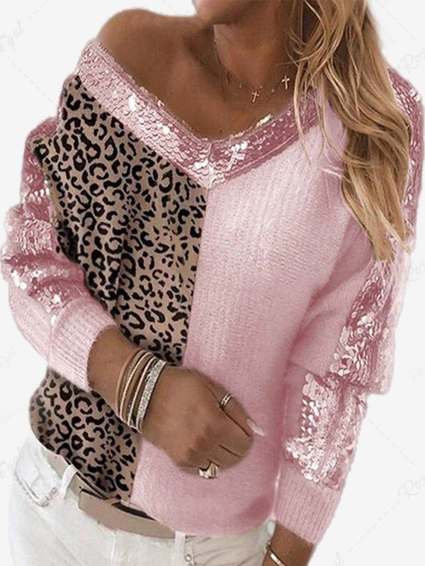 Sale Plus Size Sequins Decor Half Leopard Pattern Sweater  