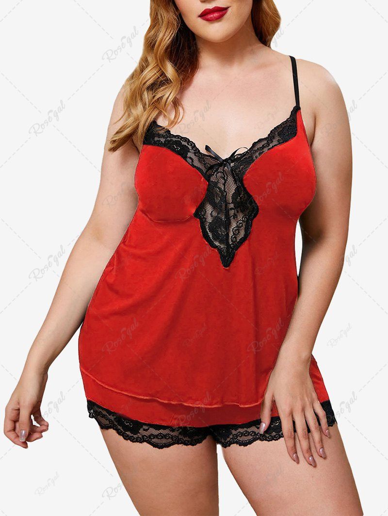 Hot Plus Size Lace Panel Tank Top and Shorts Pajama Set  