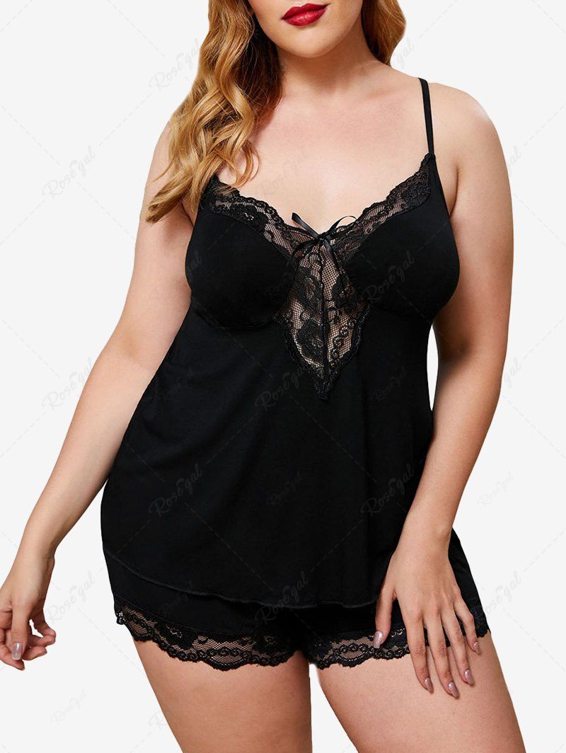 Outfit Plus Size Lace Panel Tank Top and Shorts Pajama Set  