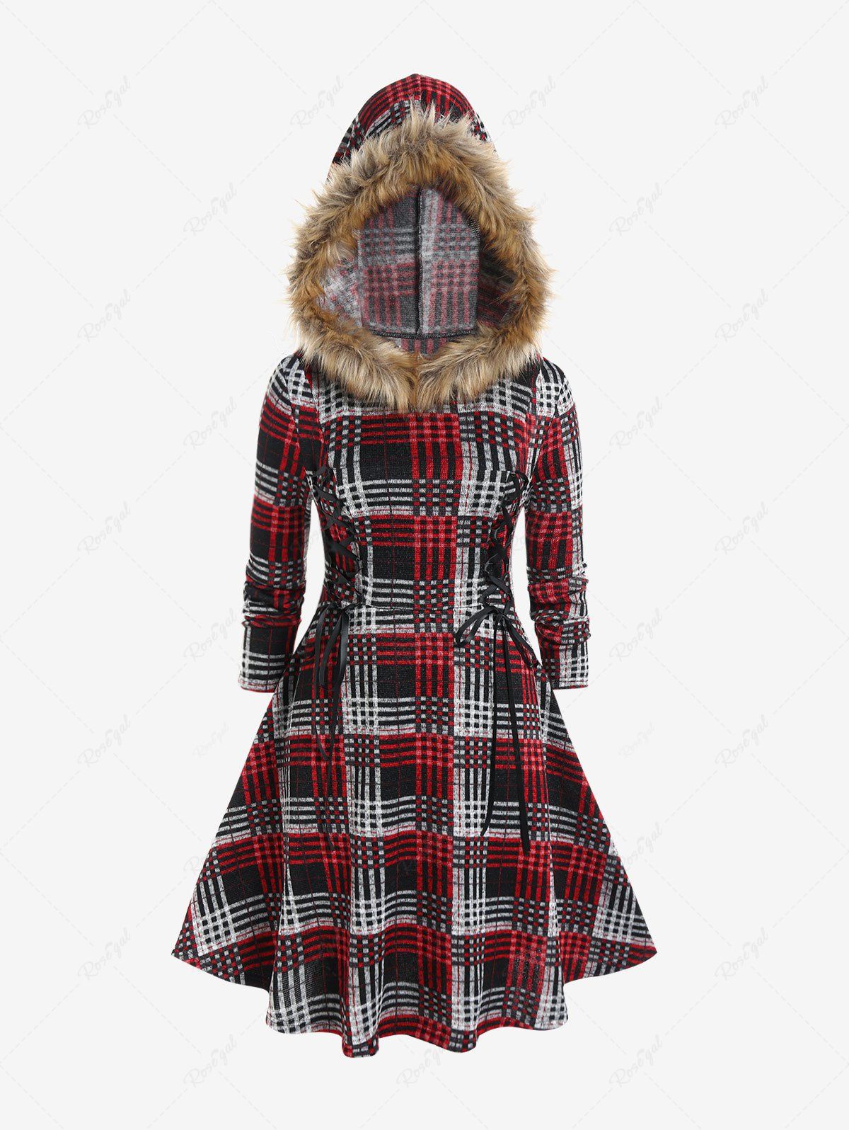 Plus Size Faux-fur Hooded Plaid Lace Up Fleece Lining Knit Dress Rouge 5x | US 30-32