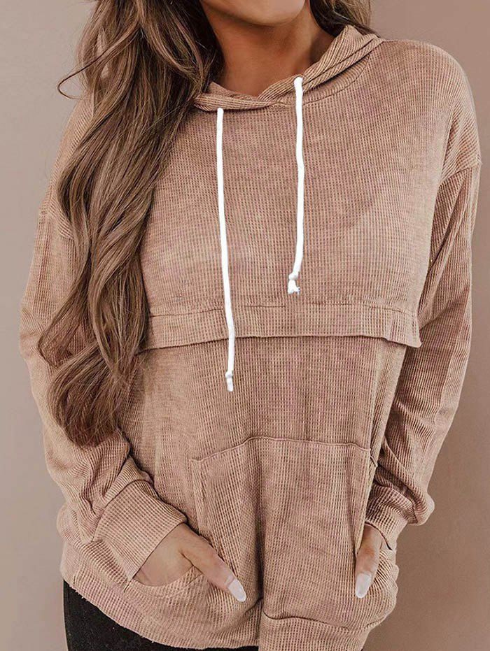 Sale Textured Kangaroo Pocket Drawstring Drop Shoulder Hoodie  