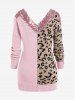 Plus Size Sequins Decor Half Leopard Pattern Sweater -  