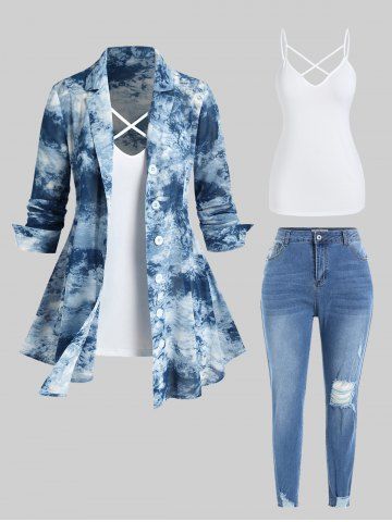 Plus Size Tie Dye Long Sleeves Shacket and Crisscross Tank Top Set and Ripped Pencil Jeans Outfit